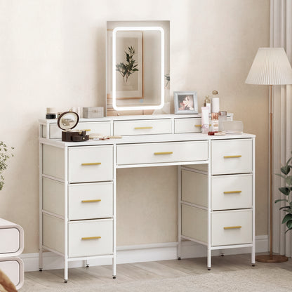 Dressing Table with LED Mirror | 10 Fabric Drawers | Gold Handles | 3 Light Modes | Anti-Tip | White