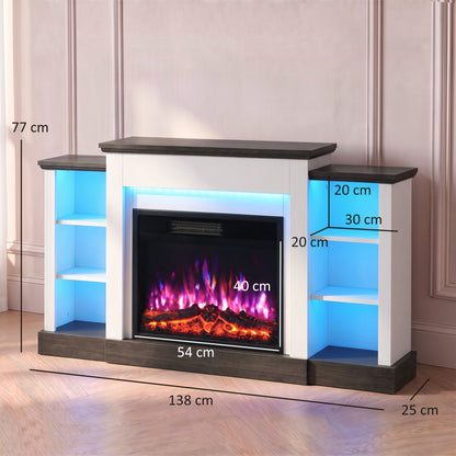 138cm Electric Fireplace TV Stand | 6 Shelves, RGB LED Lighting & 12 Flame Colours | 900/1800W, Thermostat, Remote & Timer | White/Dark Brown