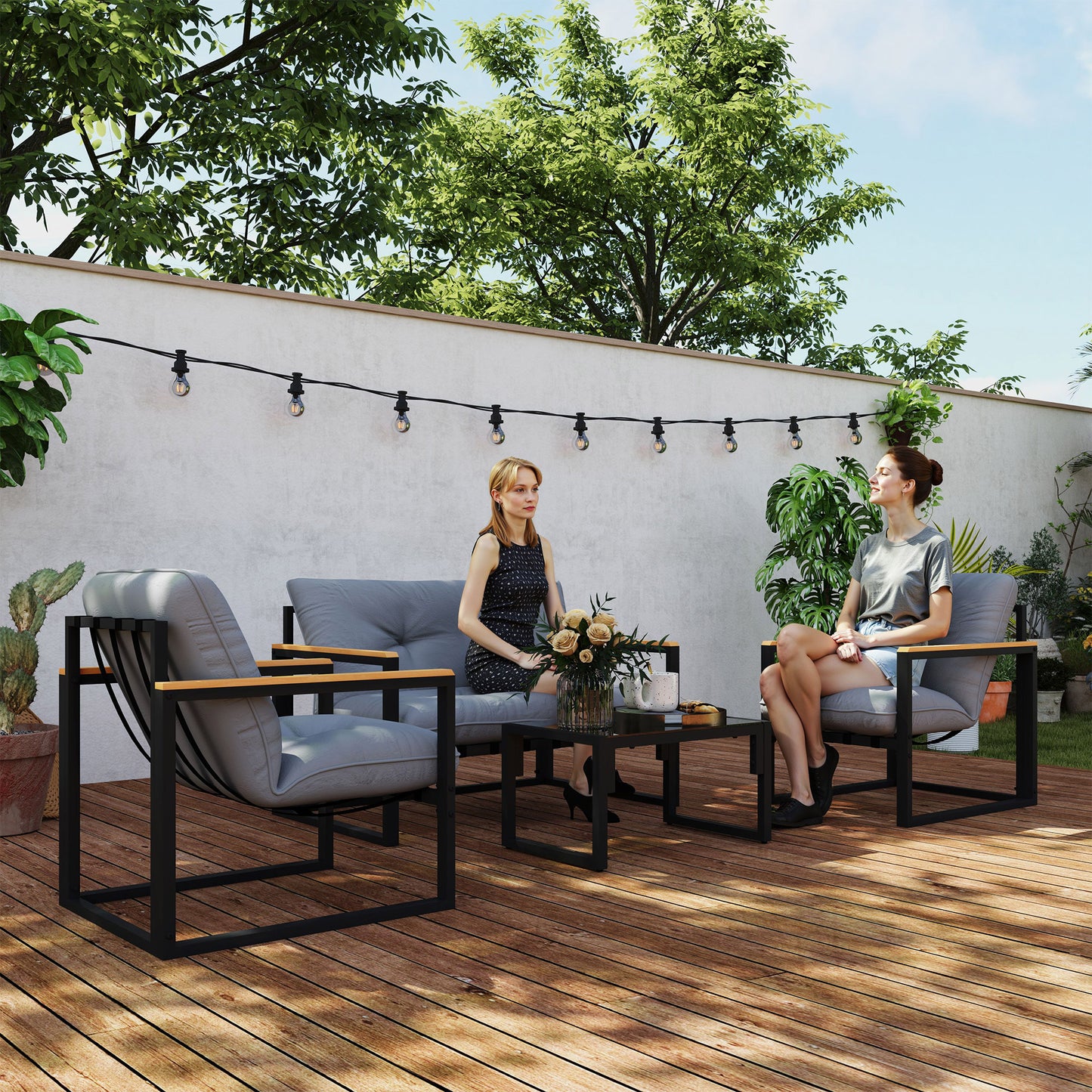 4-Piece Garden & Conservatory Furniture Set | Loveseat | 2 Armchairs | Glass Coffee Table | 15cm Cushions | Wood-Grain Armrests | 240kg | Light Grey