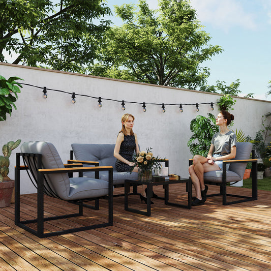 4-Piece Garden & Conservatory Furniture Set | Loveseat | 2 Armchairs | Glass Coffee Table | 15cm Cushions | Wood-Grain Armrests | 240kg | Light Grey