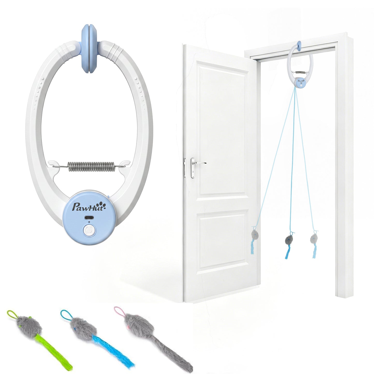 Door Hanging Bouncing Mouse Cat Toy | Touch Sensor | Adjustable Cord | USB-C | 15-Min Timer | White
