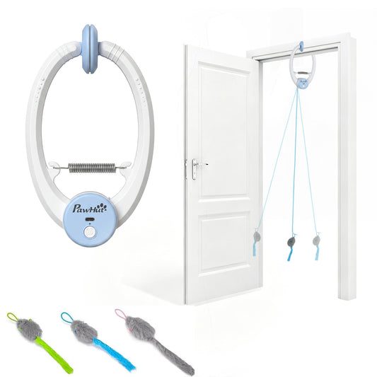Door Hanging Bouncing Mouse Cat Toy | Touch Sensor | Adjustable Cord | USB-C | 15-Min Timer | White