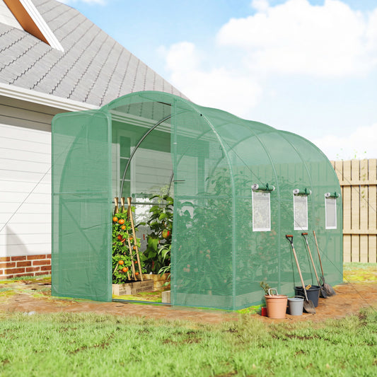 2 x 3 m Walk-in Polytunnel Greenhouse with Hinged Door and 6 Roll Up Mesh Windows, Garden Tunnel Warm House Tent, Green