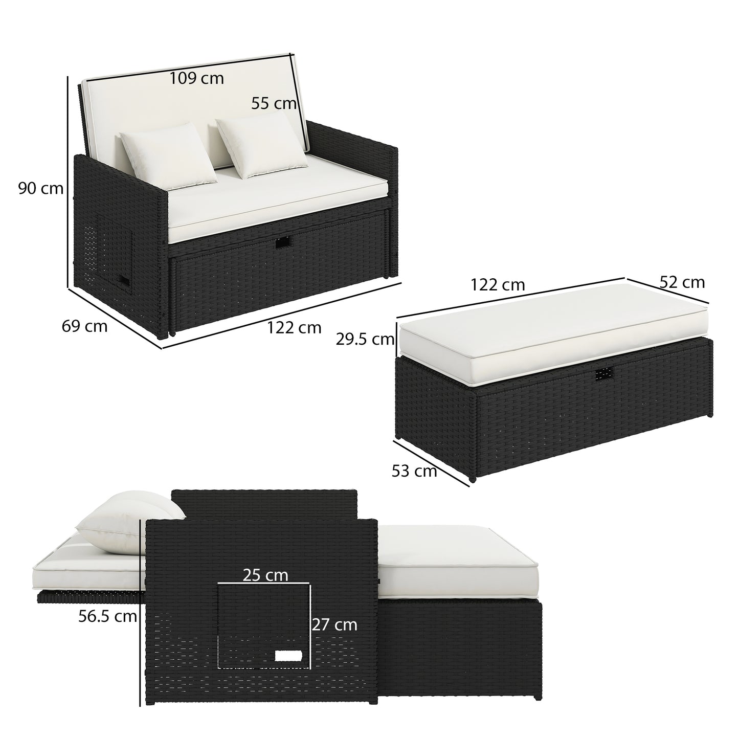 Outsunny Rattan Garden Daybed, Assembled Double Sun Lounger with 5-Level Adjustable Back, Storage Ottoman, Cream White