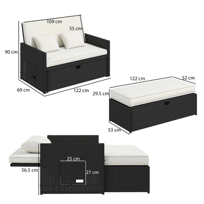 Outsunny Rattan Garden Daybed, Assembled Double Sun Lounger with 5-Level Adjustable Back, Storage Ottoman, Cream White