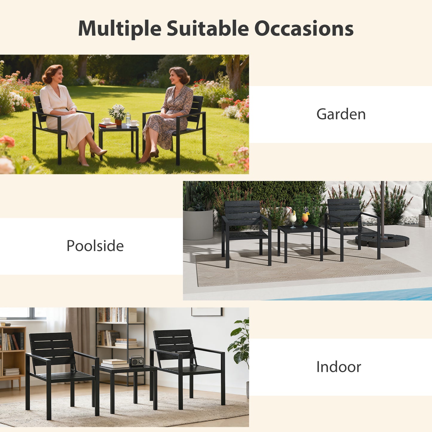 3 Piece Garden Bistro Set | 2 Chairs & Table | HDPE Surfaces | Powder Coated Steel Frame | Weather Resistant | 120kg | Black