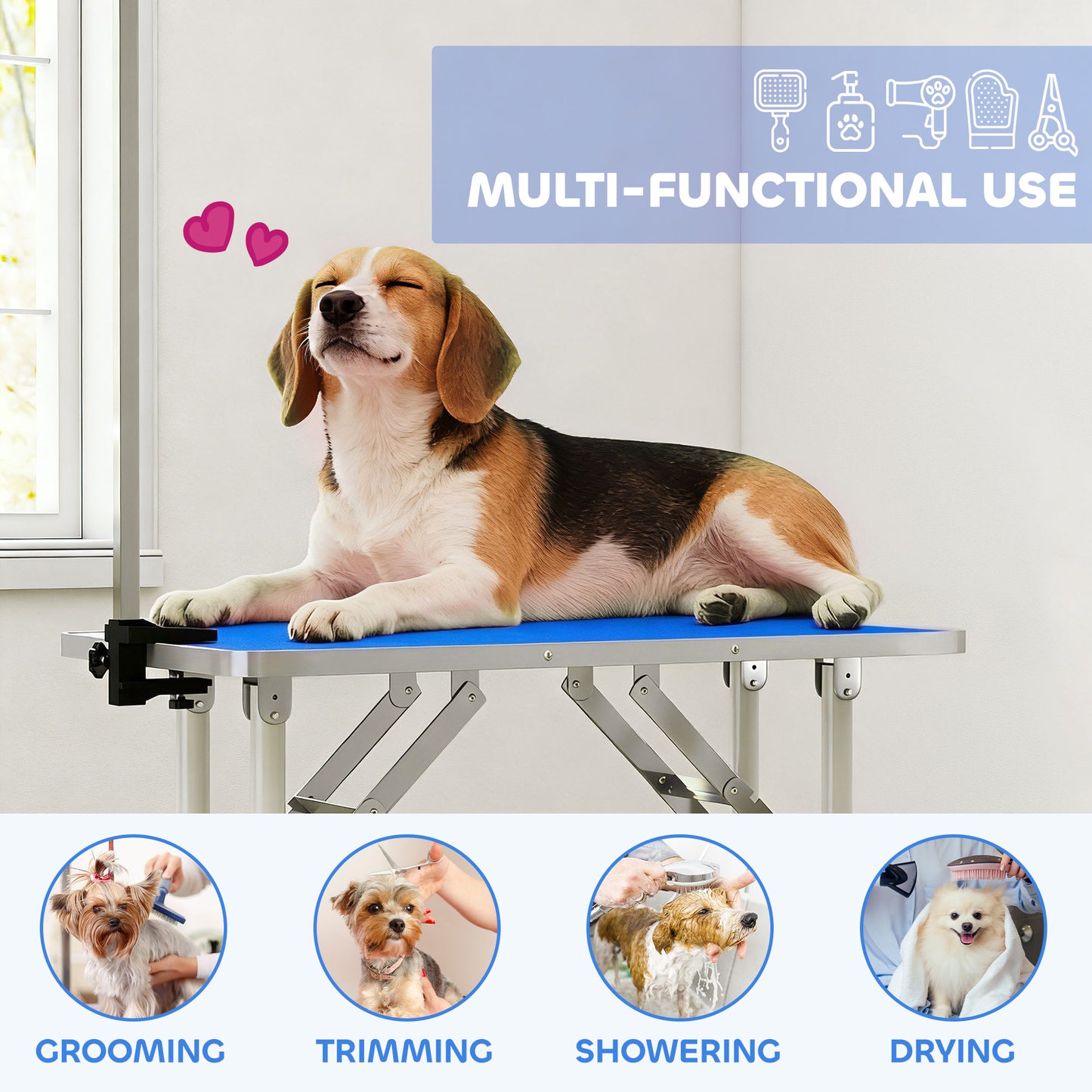Foldable Dog Grooming Table | Non-Slip Rubber Top | Adjustable Arm 20-60cm | 20kg | Blue