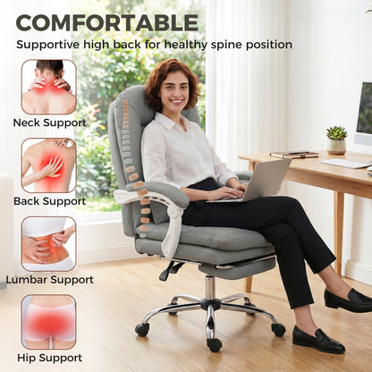 Velvet Executive Office Chair | 155° Recline & Footrest | Lumbar Pillow | 16.5cm Cushion | EN1335 | 120kg | Grey