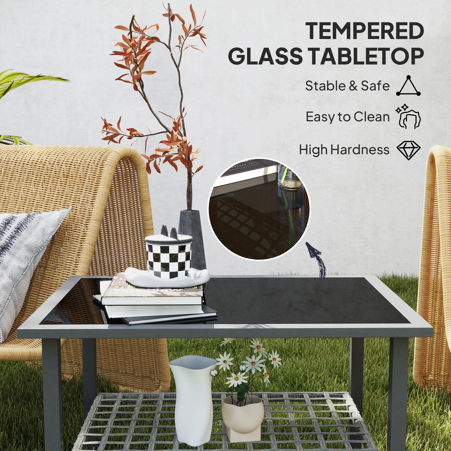 Outsunny Outdoor Rattan Coffee Table with Tempered Glass Top, Storage Shelf, Foot Pads, for Patio, Balcony, Mixed-grey