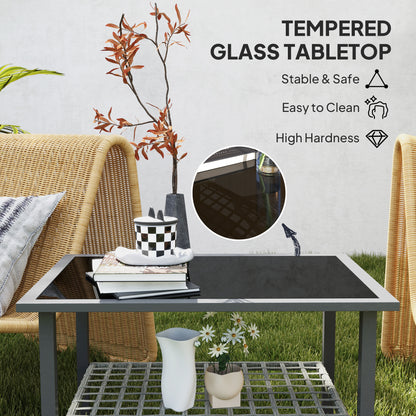 Outsunny Outdoor Rattan Coffee Table with Tempered Glass Top, Storage Shelf, Foot Pads, for Patio, Balcony, Mixed-grey