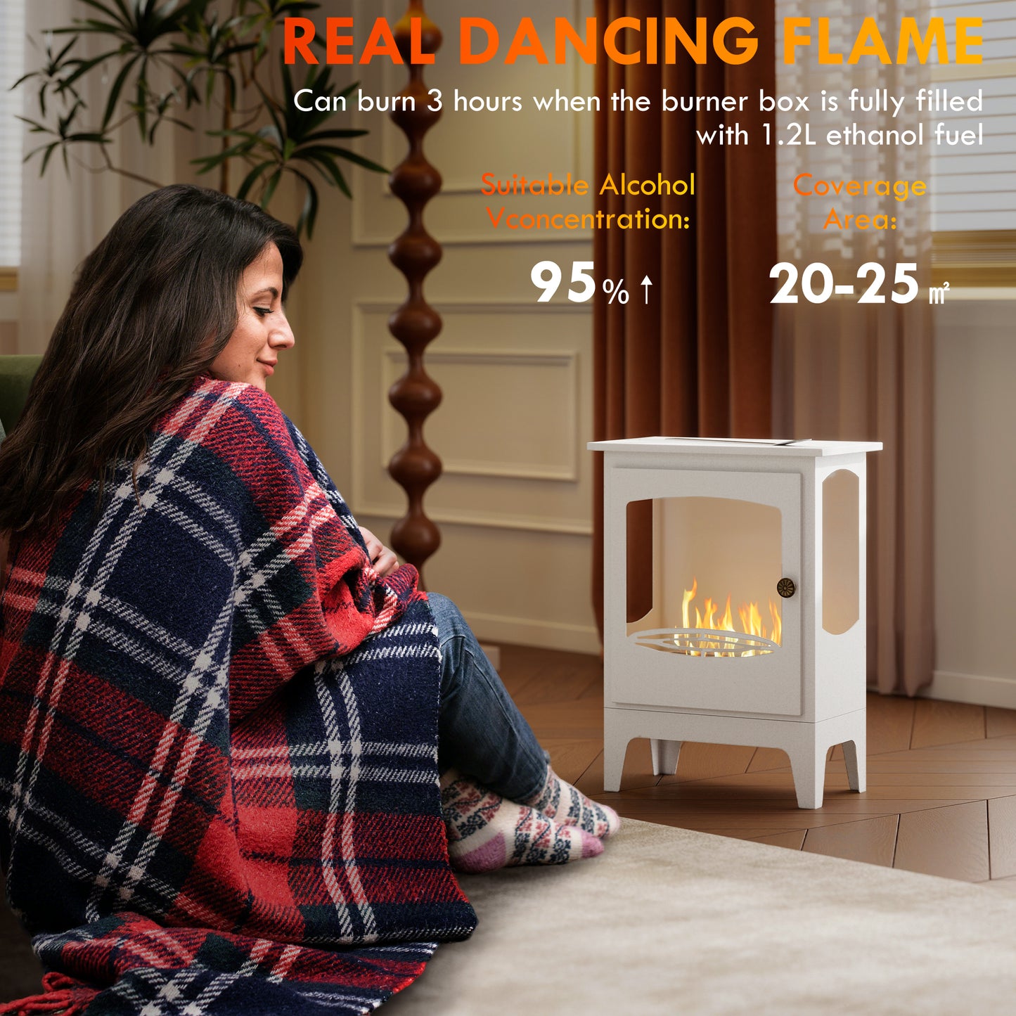 Freestanding Ethanol Fireplace, Steel Bioethanol Fireplace with Stainless Steel Flame Snuffer, 1.2L Tank, 3 Hours Burning Time for Indoor, White