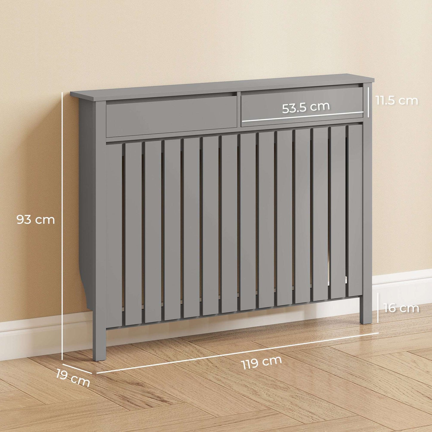 MDF & Particle Board Radiator Cover with 2 Drawers | Vertical Slats | Flat Top Display Surface | Wall Mountable | Pre-Cut Outs | 18kg Capacity | 119x19x93cm | Grey