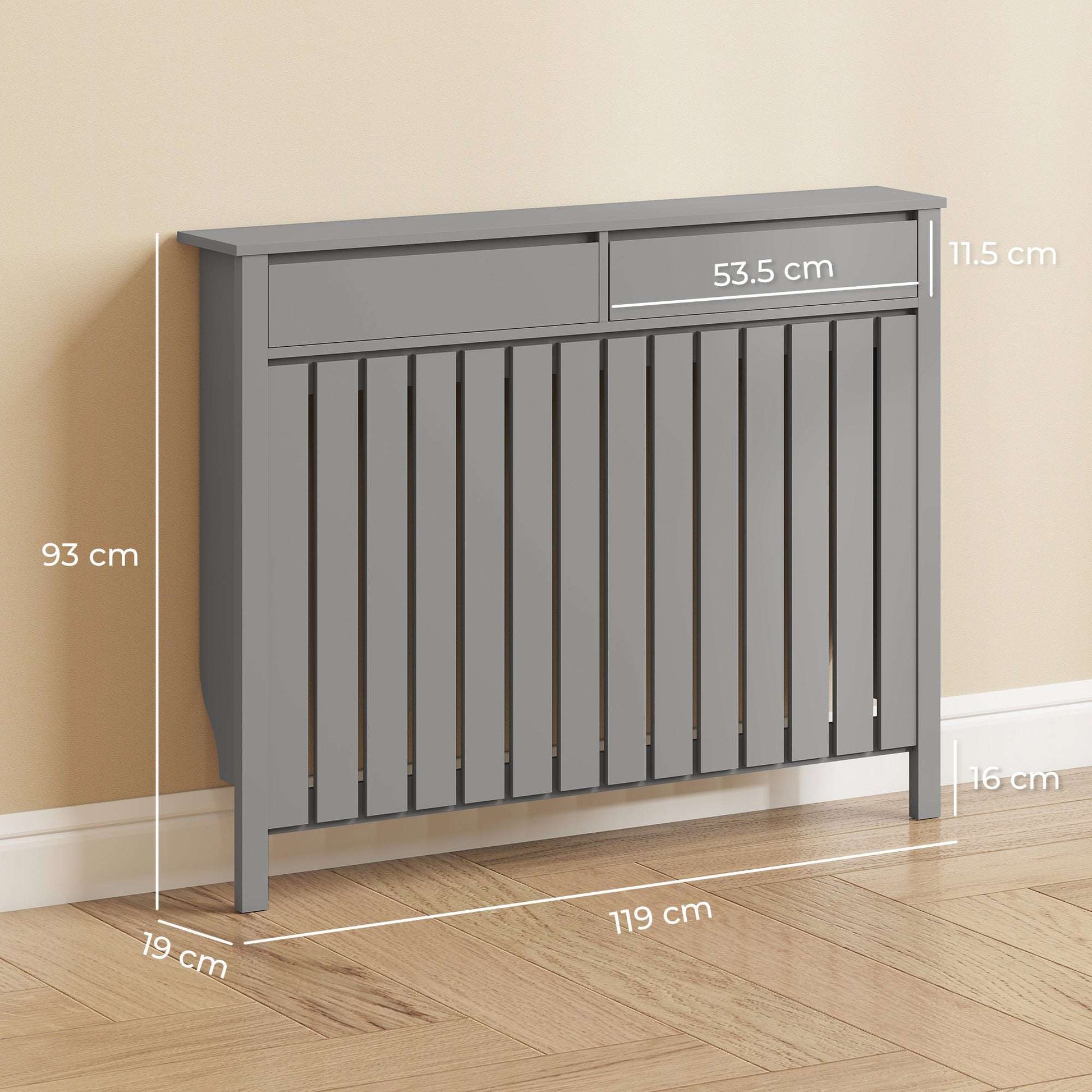 MDF & Particle Board Radiator Cover with 2 Drawers | Vertical Slats | Flat Top Display Surface | Wall Mountable | Pre-Cut Outs | 18kg Capacity | 119x19x93cm | Grey