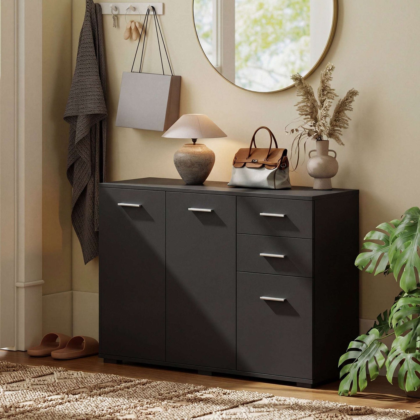 Sideboard, Modern Storage Cabinet with 2 Drawers, 3 Doors and Adjustable Shelves, Black / White
