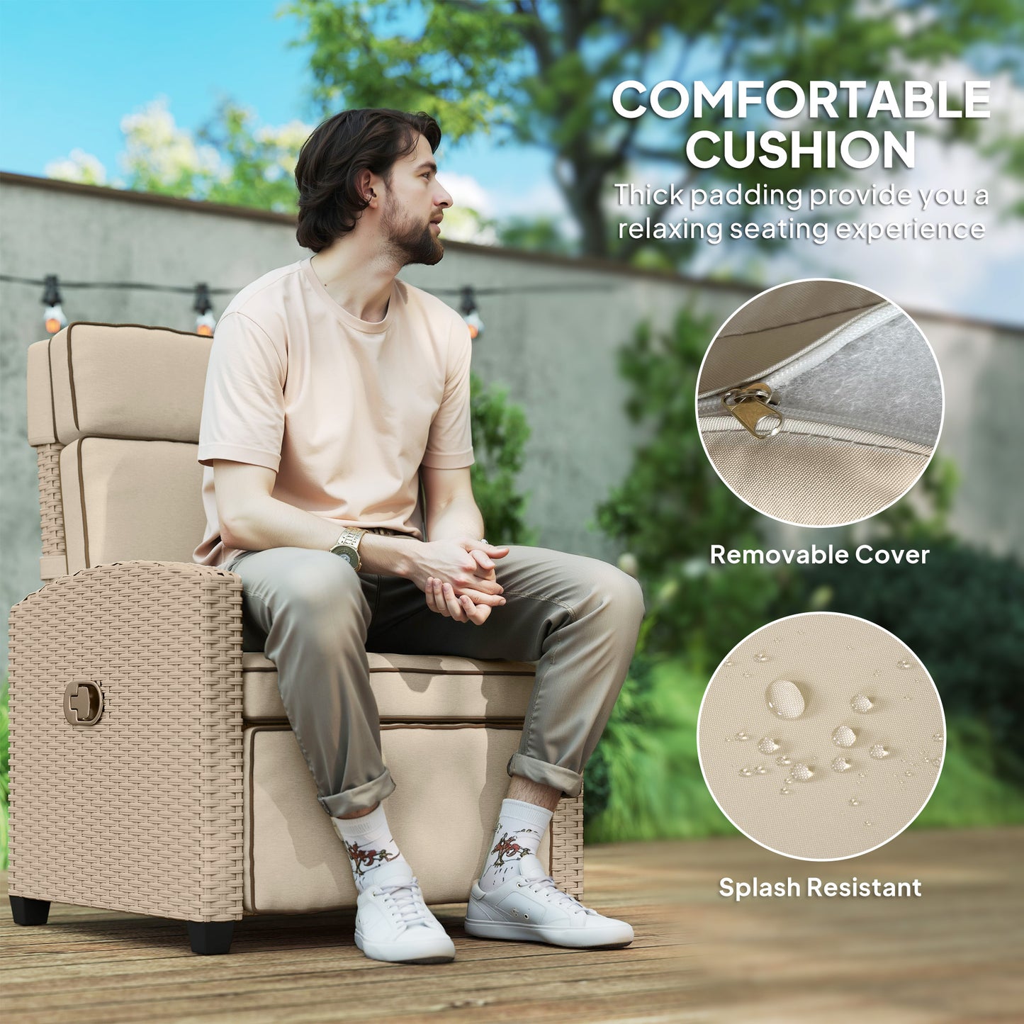 Rattan Garden Recliner Chair, Adjustable Backrest Reclining with Flip Table, Cushion and Footrest, Indoor Outdoor Lounge Reclining Sun Lounger for Patio