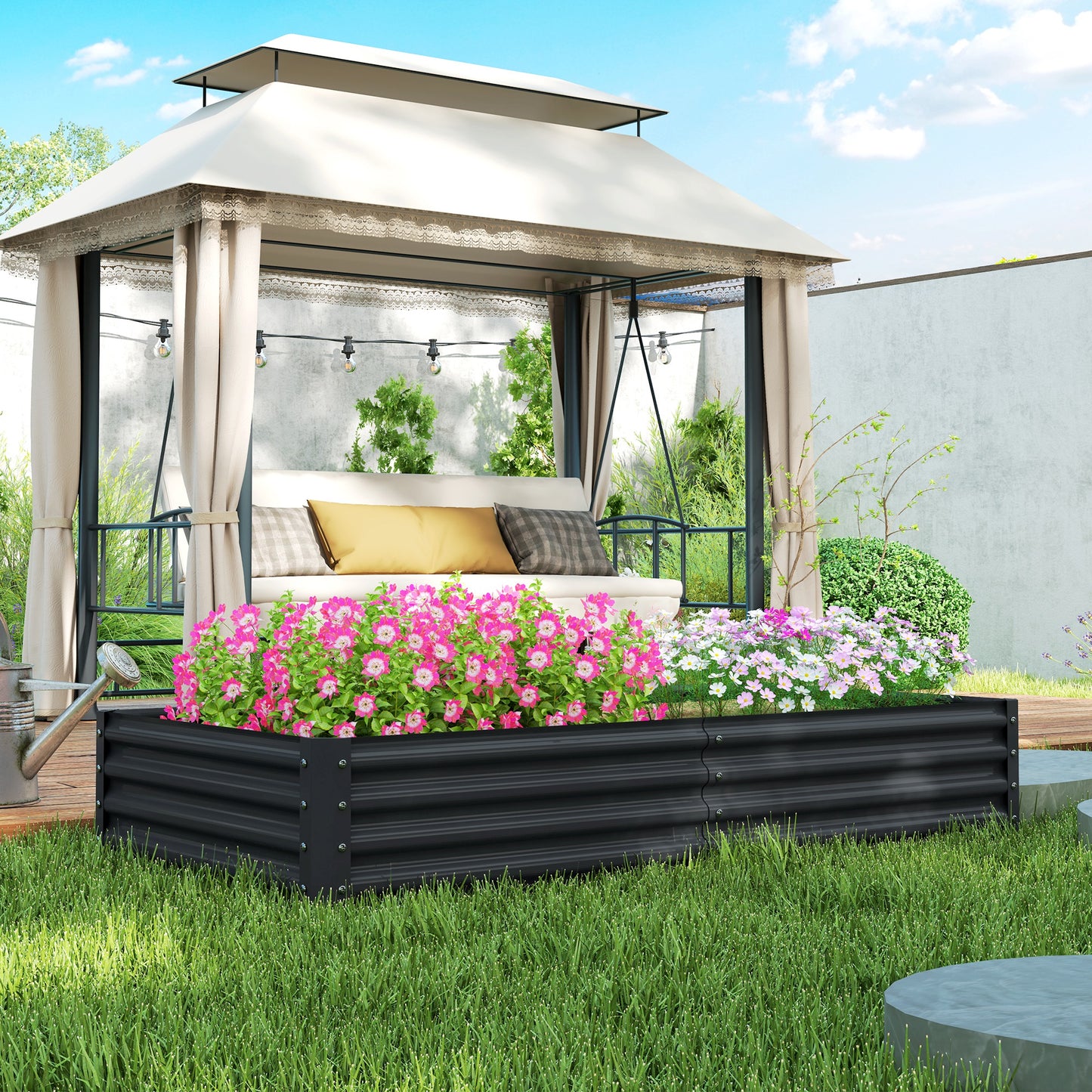 Large Galvanised Steel Raised Garden Bed | 459L | Open Bottom | Inner Support Bars | Powder-Coated Rust-Resistant | Easy Assembly | 180x90x30cm | Flowers Veg & Plants | Dark Grey