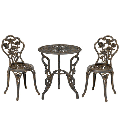 3 Piece Cast Aluminium Garden Bistro Set | Vintage Rose Design | Round Table Dia 60cm | 45mm Umbrella Hole | 2 Chairs | Rust Resistant | 120kg | Bronze Tone