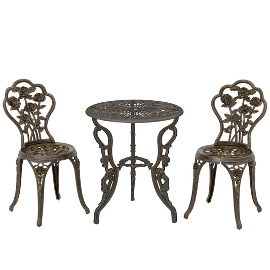 3 Piece Cast Aluminium Garden Bistro Set | Vintage Rose Design | Round Table Dia 60cm | 45mm Umbrella Hole | 2 Chairs | Rust Resistant | 120kg | Bronze Tone