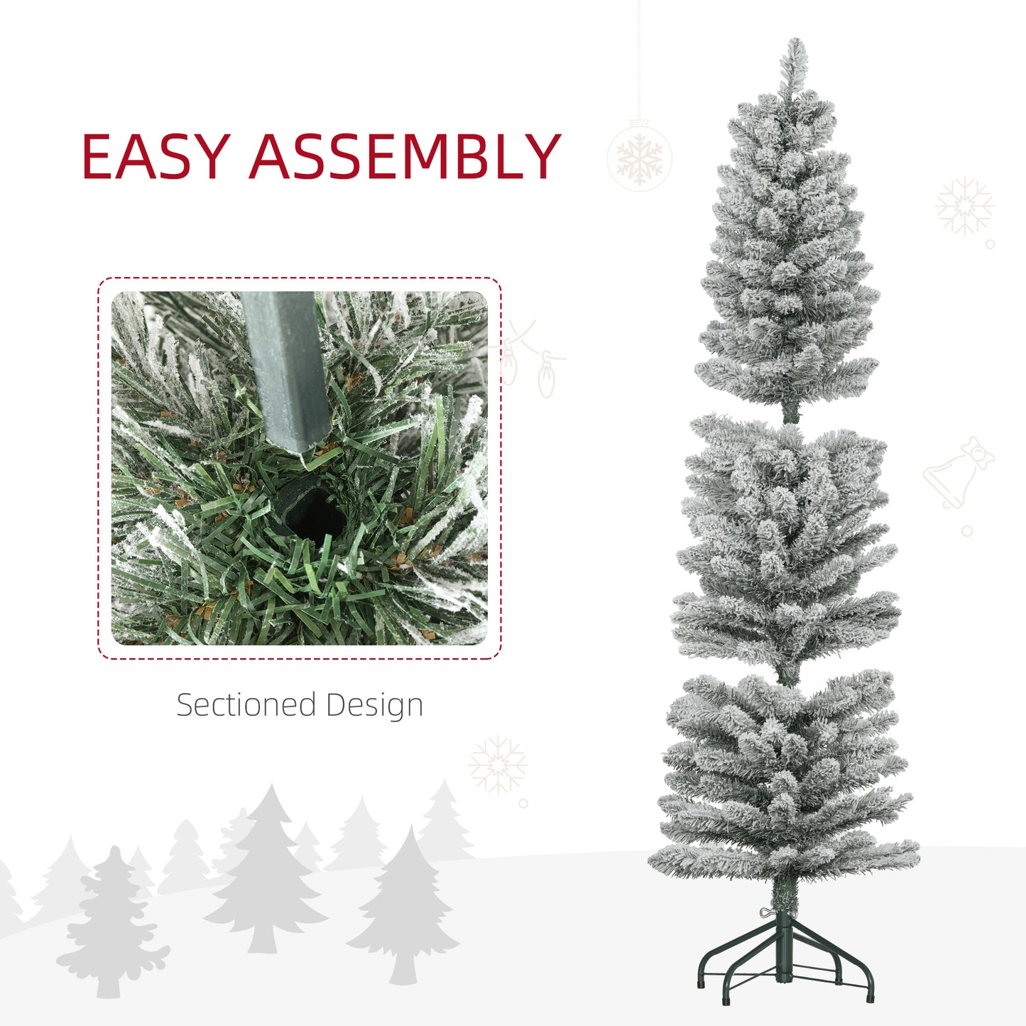 5ft Artificial Pencil Christmas Tree with 263 Snow Flocked Tips, Metal Base