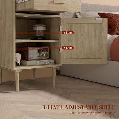 Bedside Table, Rattan Side Tables W/ Drawer, Cabinet And Adjustable Shelf,  Bedside Storage For Bedroom, Living Room, Natural Wood Effect