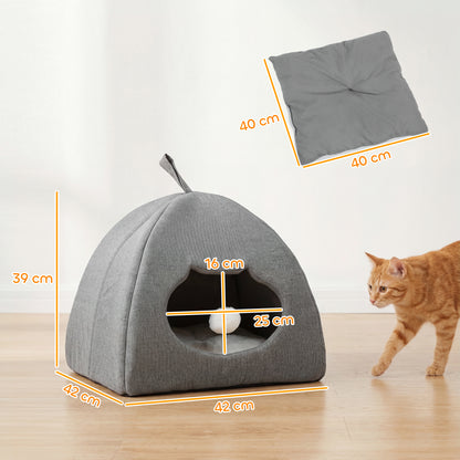 Cat Cave Bed & Cat House | Reversible All-Season Cushion | Teaser Ball | Cat-Shaped Entrance | Anti-Slip Base | 42x42x39cm | Suits Cats to 5kg | Grey