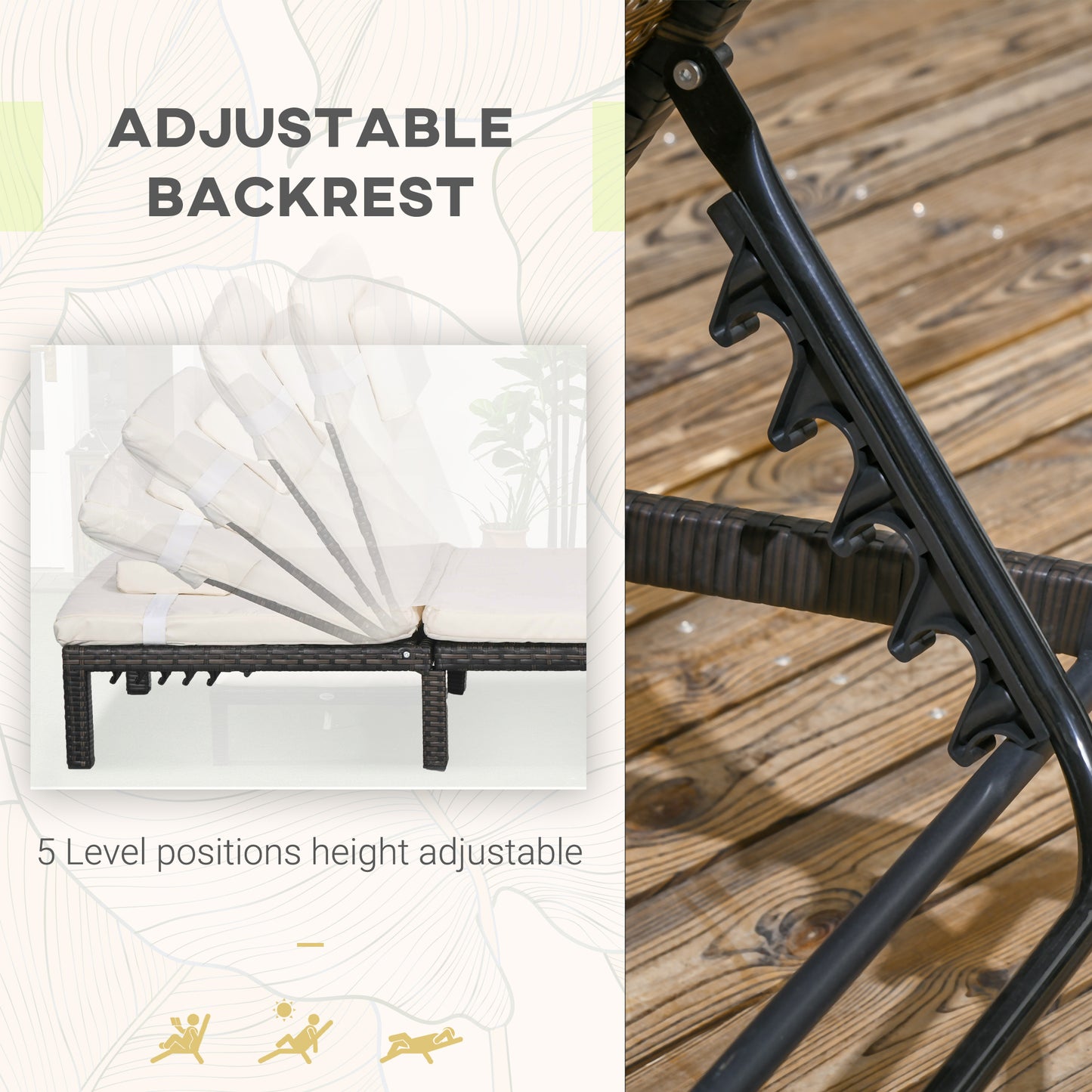 Rattan Sun Loungers Set of 2 with 5-Level Adjustable Backrest, Wicker Lounge Chairs with Padded Cushion and Headrest for Outdoors  Cream White