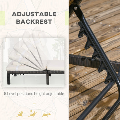 Rattan Sun Loungers Set of 2 with 5-Level Adjustable Backrest, Wicker Lounge Chairs with Padded Cushion and Headrest for Outdoors  Cream White