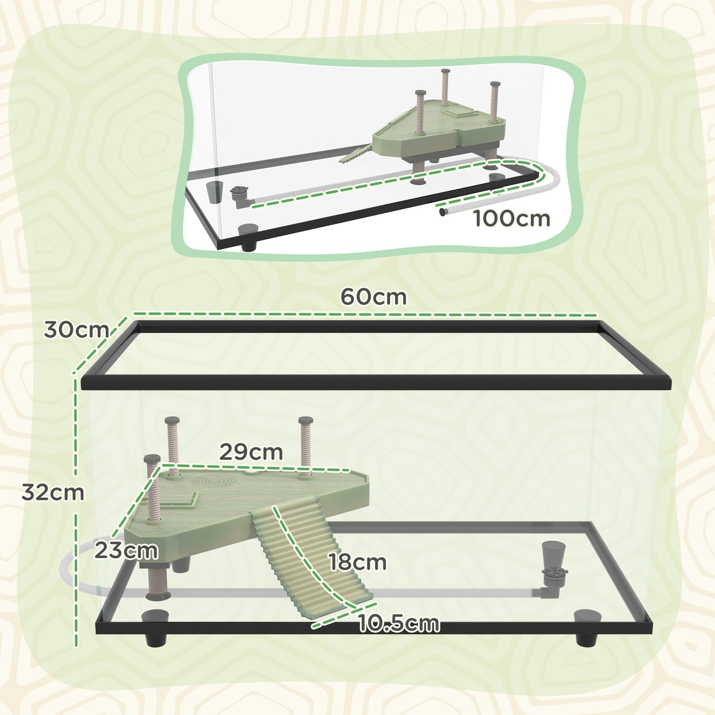 PawHut 50L Glass Turtle Tank Aquarium with Basking Platform, Easy-Drain, Strip Patch Thermometer