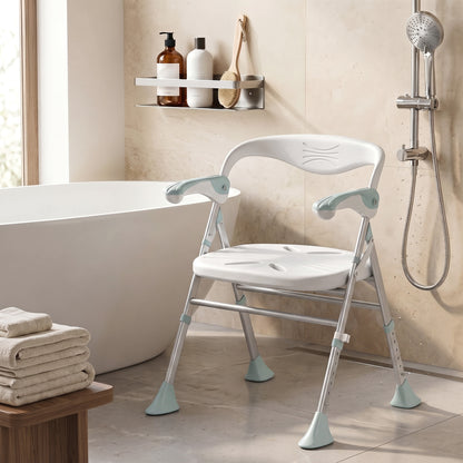 Foldable Shower Chair | Adjustable Height Bathroom Seat with Flip-Up Armrests, 136 kg Capacity | White & Light Green
