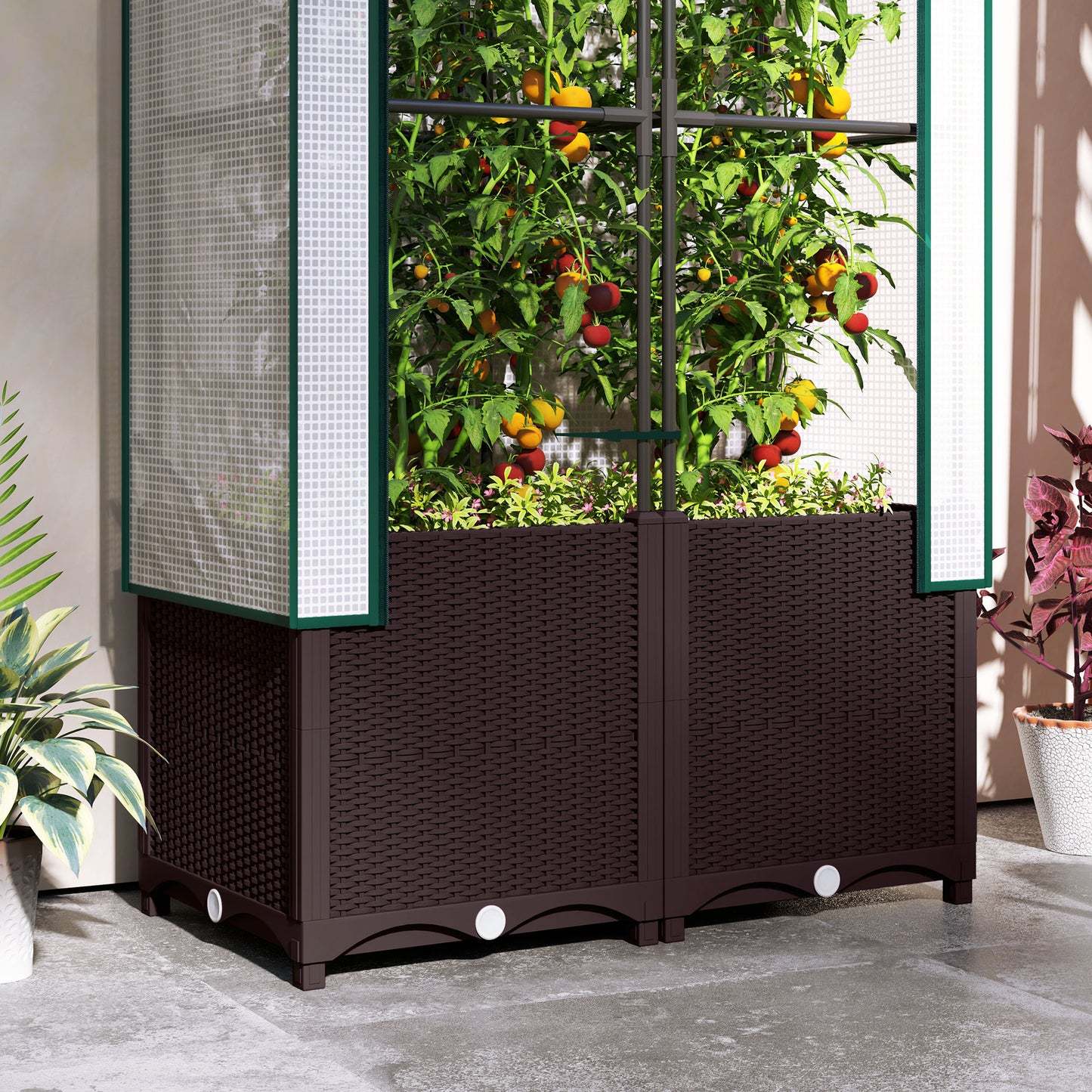 Raised Garden Bed with Trellis, Plastic Planter Box with Drainage Holes and Drain Plugs for Climbing Plants, Vegetables, Flowers