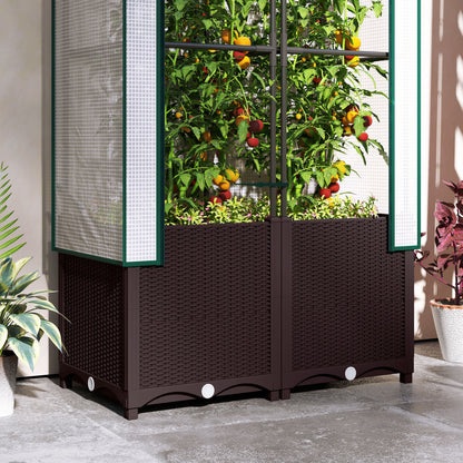 Raised Garden Bed with Trellis, Plastic Planter Box with Drainage Holes and Drain Plugs for Climbing Plants, Vegetables, Flowers