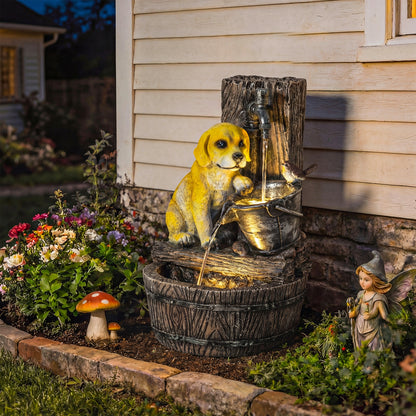 3-Tier Resin Garden Fountain | Hand-Painted Puppy & Bird Design | Warm LED Lights | 3-Speed Adjustable Pump | 5W | 230V | 3m Cable | 35x36x56cm | Garden & Patio | Rustic Brown & Yellow