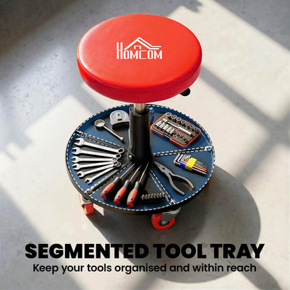 Rolling Mechanical Workshop Stool | Pneumatic Height Adjust | Tool Tray | PU Padded Seat | 110kg | Orange