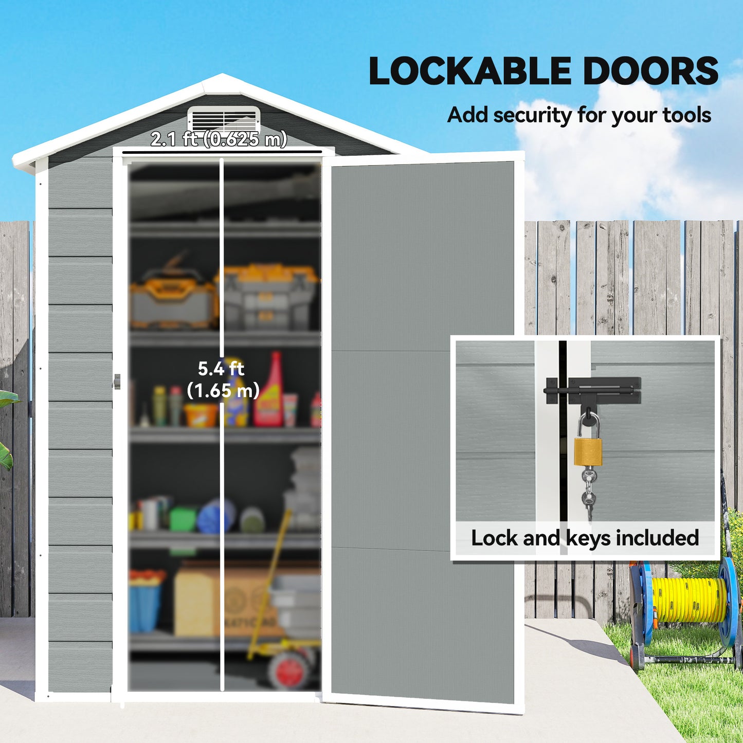 Compact PP & Aluminium Garden Storage Shed with Floor | Apex Roof | Latch Lock & Keys | Side Window | Vent | UV-Resistant | 40kg/m² Snow Rating | 128x104x196cm | Light Grey & White