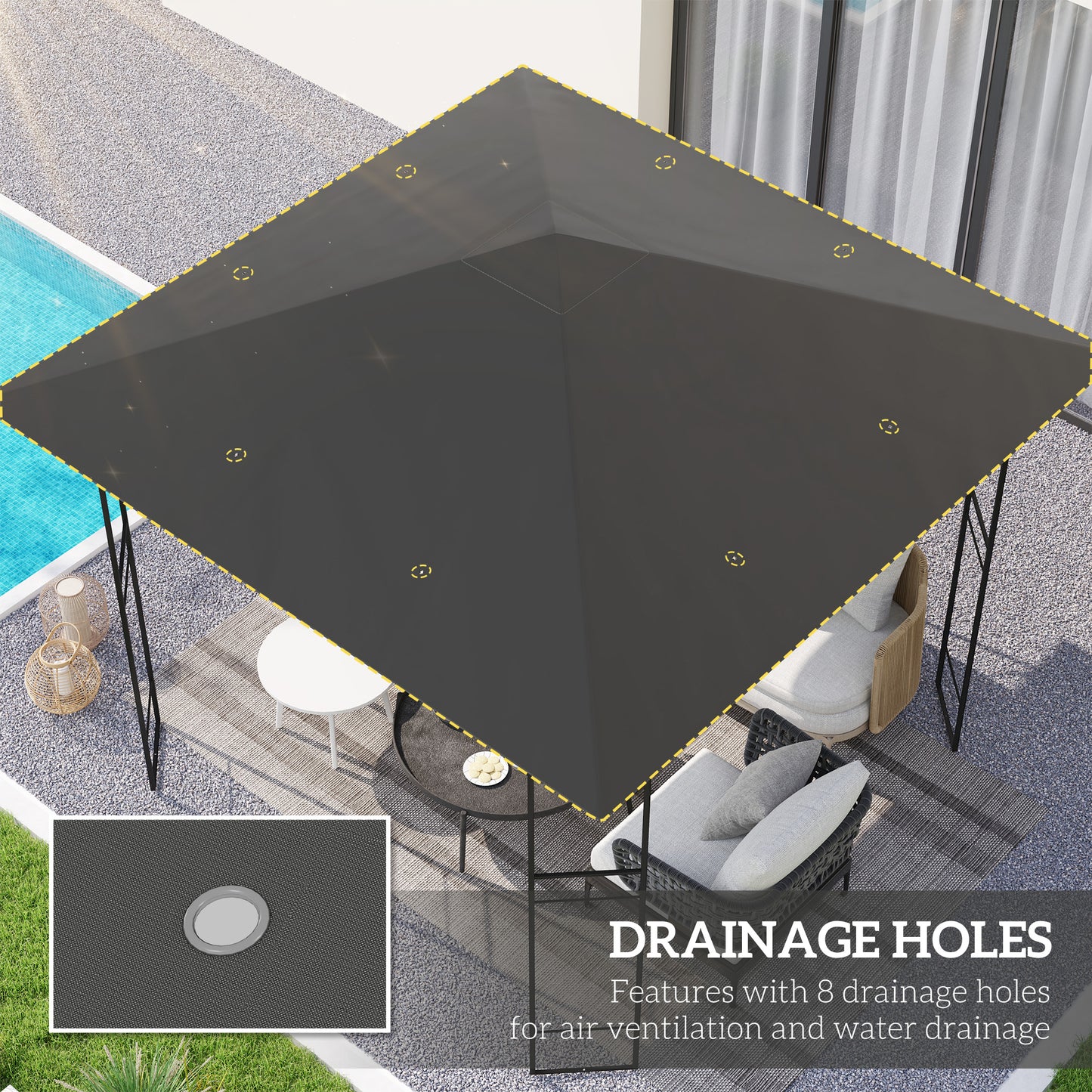 Outsunny 3 x 3(m) Gazebo Canopy Replacement Cover, Garden Gazebo Roof Replacement with Drain Holes, Water Resistant PVC Coating, 370g/㎡, UPF30+, TOP COVER ONLY, Grey