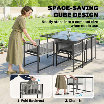 5-Piece Garden Dining Set | Tempered Glass Table | Foldable Chairs | Texteline | Light Grey