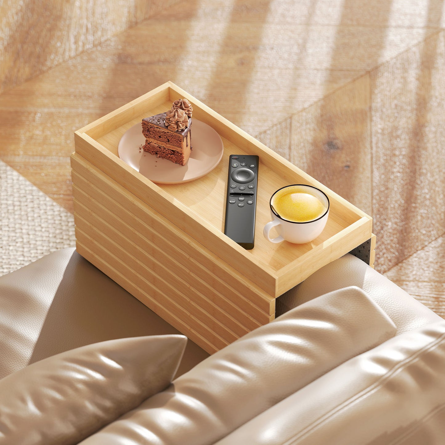 Bamboo Sofa Arm Tray | Foldable | 2cm Recessed Anti-Slip Tray | Drinks & Snacks | No Assembly | Natural Wood Finish