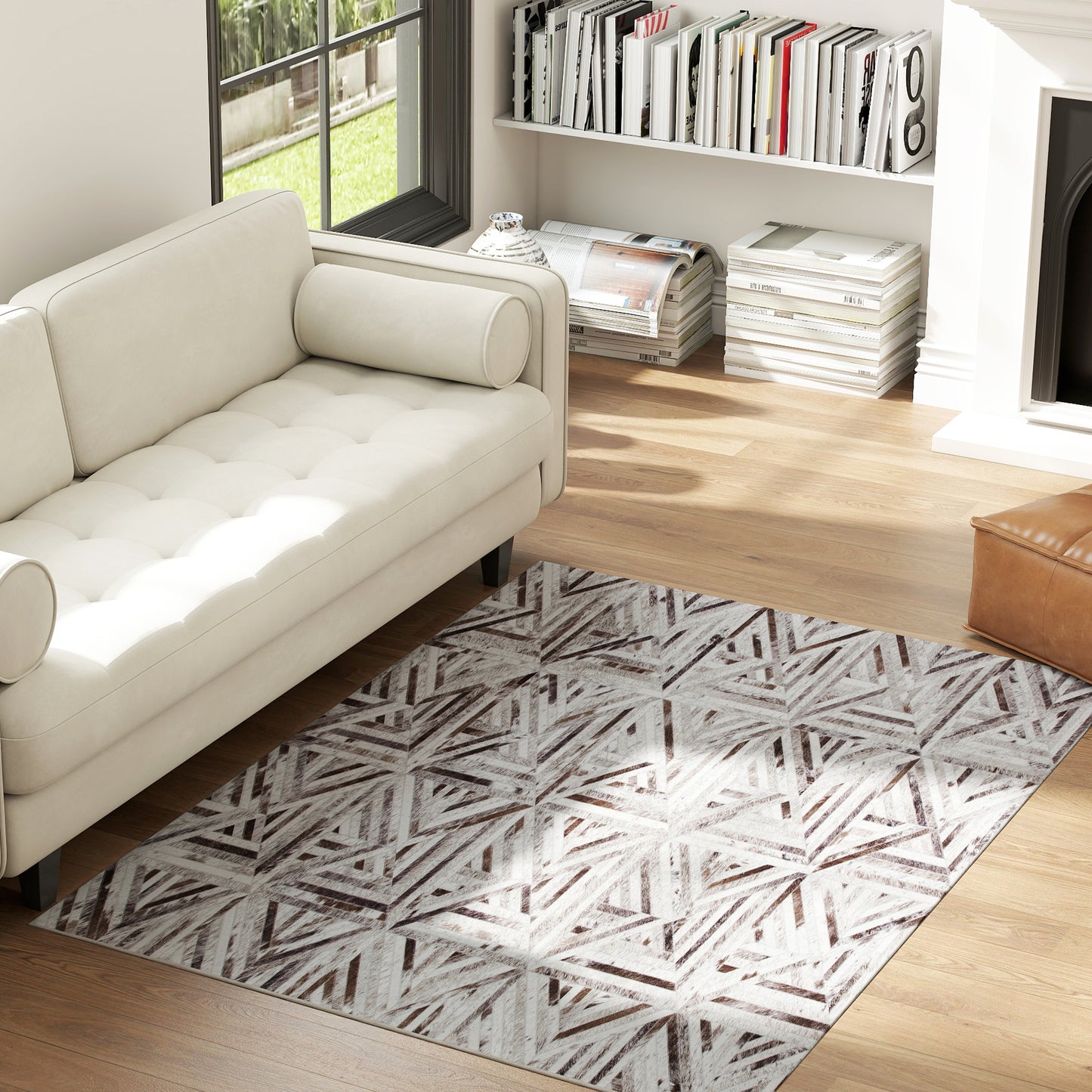 Modern Chenille Area Rug | Faux Leather Patchwork Print | Machine Washable | Non-Slip | Foldable | 170x120cm | Brown | Living Room Bedroom Dining Room Home Office