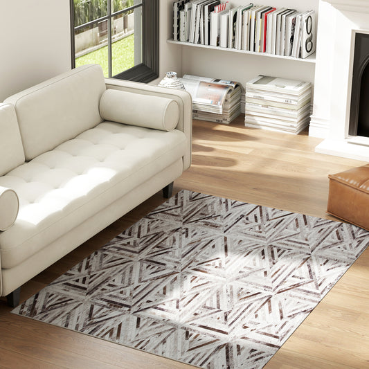 Modern Chenille Area Rug | Faux Leather Patchwork Print | Machine Washable | Non-Slip | Foldable | 170x120cm | Brown | Living Room Bedroom Dining Room Home Office
