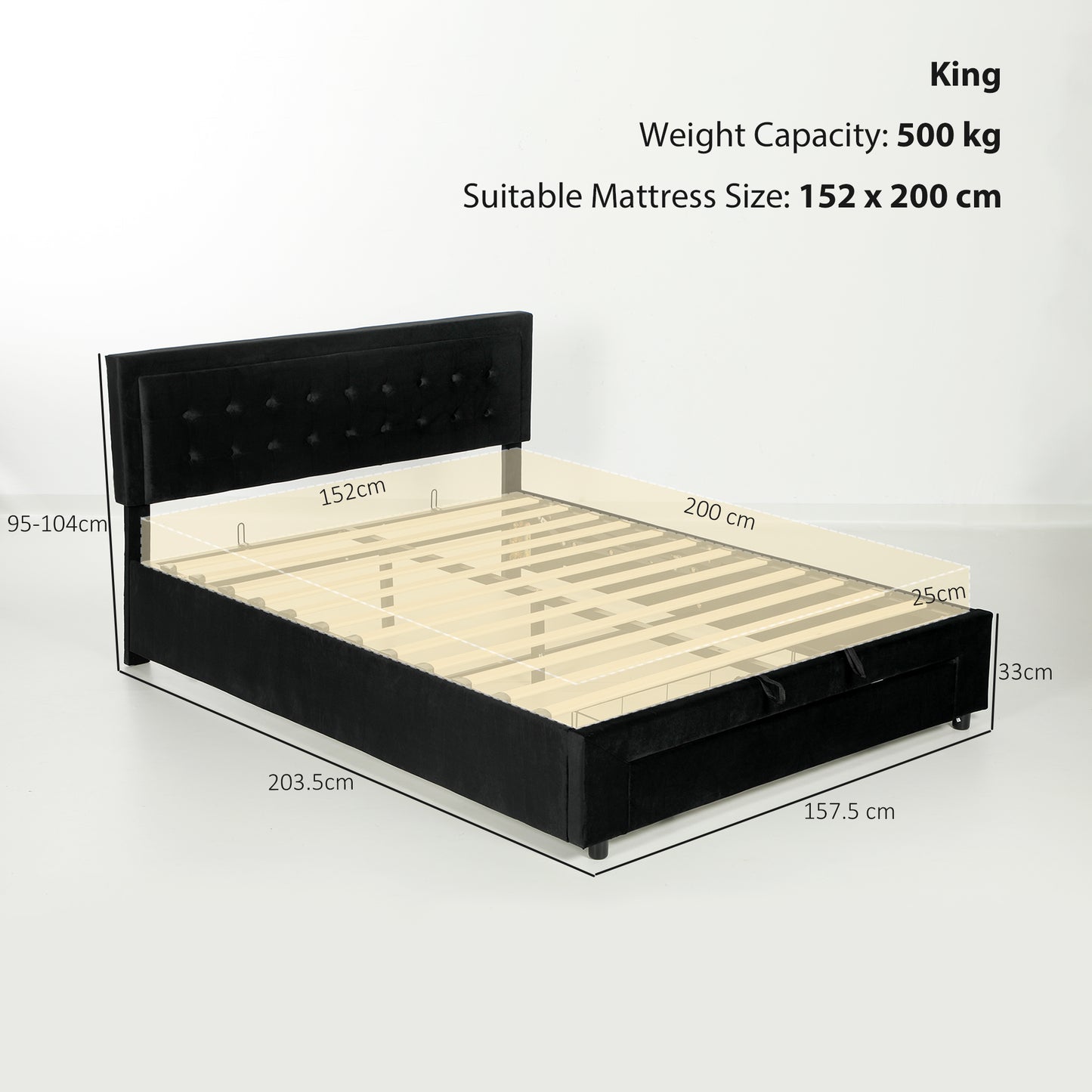 King Size Ottoman Bed Frame, with Front Drawer - Black / Cream White