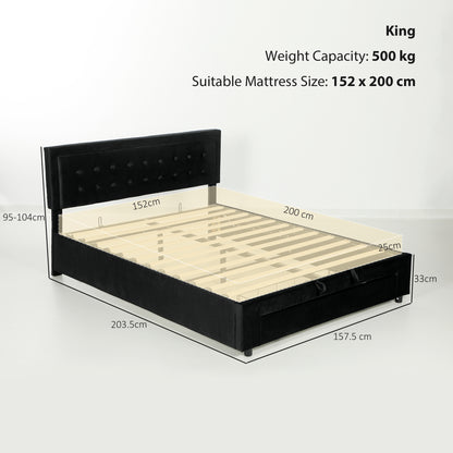 King Size Ottoman Bed Frame, with Front Drawer - Black / Cream White