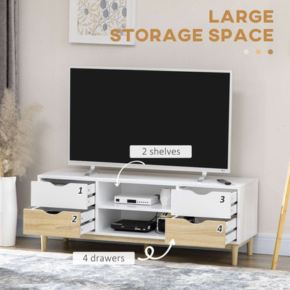 Modern TV Stand Unit for TVs up to 55" with Storage Shelves and Drawers, 120cmx40cmx44.5cm, White and Natural