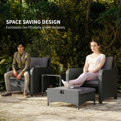 Outsunny Five Piece Rattan Garden Furniture Set with 2-Tier Coffee Table and Ottomans - Grey