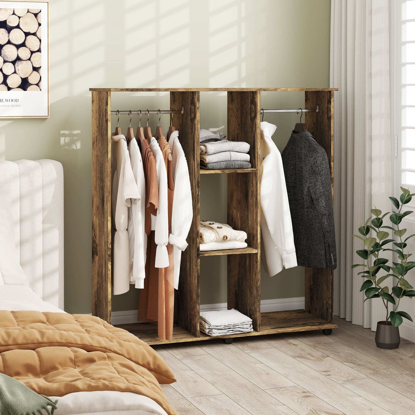 Open Wardrobe Double Mobile Storage Shelves Organiser W/6 Wheels-Rustic Brown