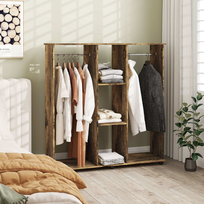 Open Wardrobe Double Mobile Storage Shelves Organiser W/6 Wheels-Rustic Brown