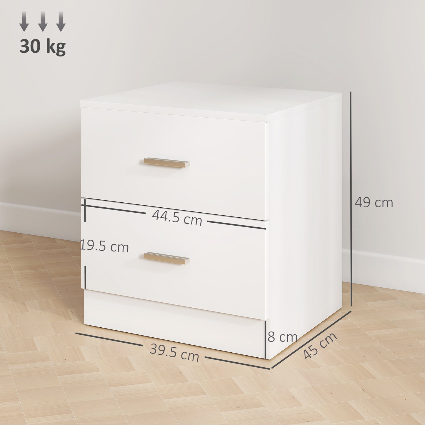 Set of 2 Modern Bedside Tables | 2 Drawers | Clean White Finish | 45x49cm