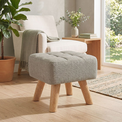 Square Padded Footstool Ottoman Pouffe | Tufted Linen-Look | Light Brown