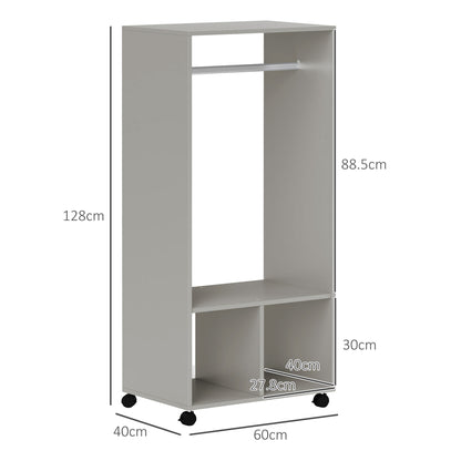 Open Wardrobe for Bedroom, Small Wardrobe on Wheels W/ Clothes Rail, Storage Shelves, Mobile Garment Rack Cloakroom, Hallway, Grey