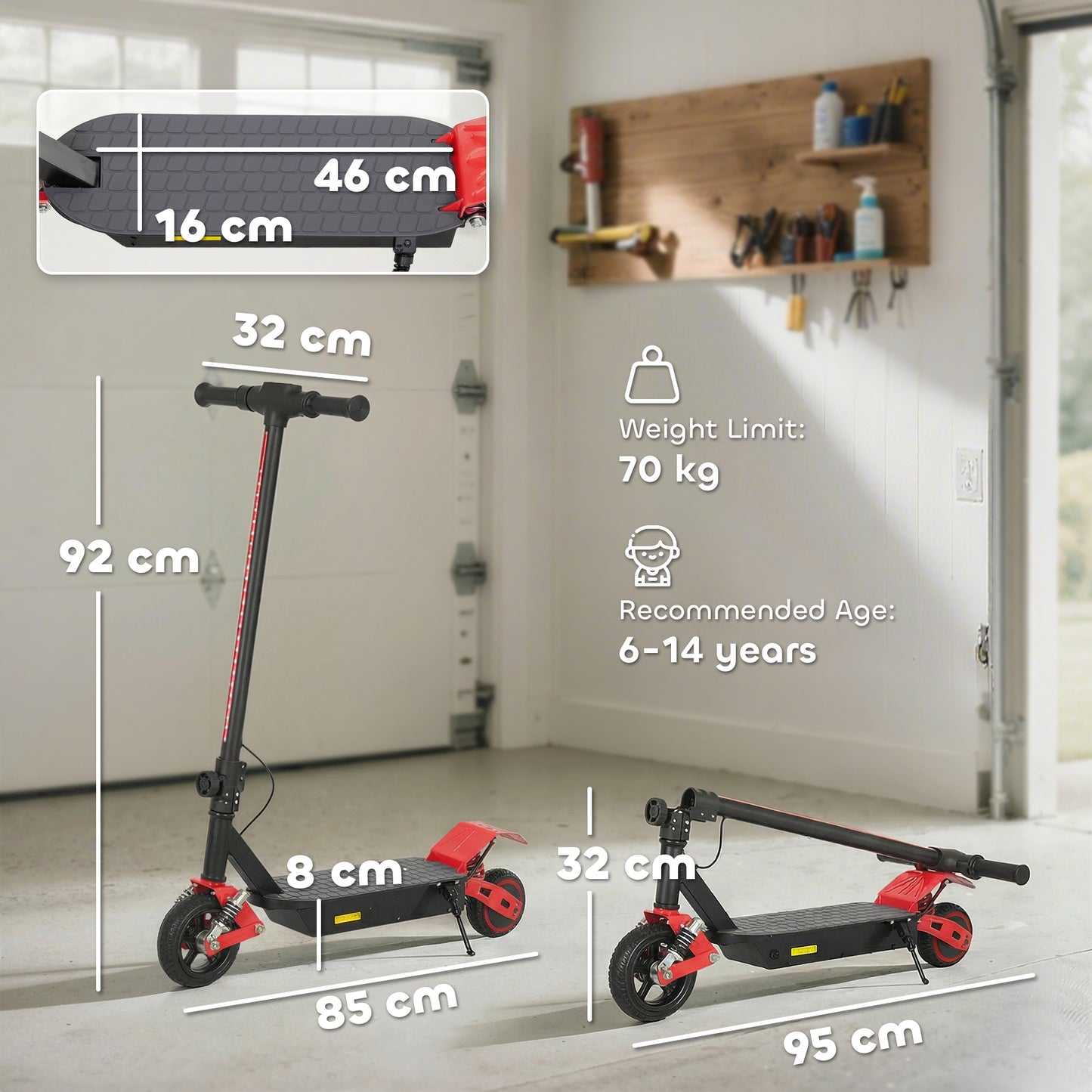 Kids Electric Scooter – 200W Motor, 15km/h, 6km Range, Dual Suspension, LCD Display, LED Lights, Foldable, Ages 6–14 – Red