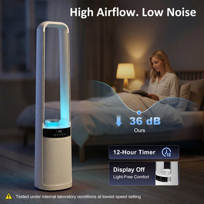 Bladeless Tower Fan | 36dB Sleep Mode | 4-Colour LED & Breathing Mode | 45° Oscillation | 3 Speeds | 12H Timer | 5m Remote | Washable Filter | 85W | 20.6x21.4x93.3cm | White